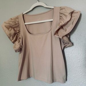 a new day Tan Women's Ruffled Sleeve Squareneck Top
